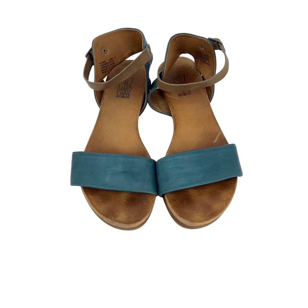 Miz Mooz Alanis Teal Blue Leather Ankle Strap Flat Sandals Womens 8